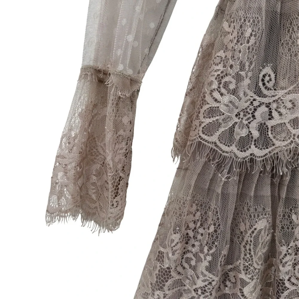 BooHoo Midi Long Sleeve Dress Tule Tiered Size 8‎ Tan Lace Sheer Romantic - Picture 6 of 13